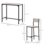 Dimensions for compact table (89x45x87cm) and bar stool (39x43x95cm) with light wood tops and black metal frames.