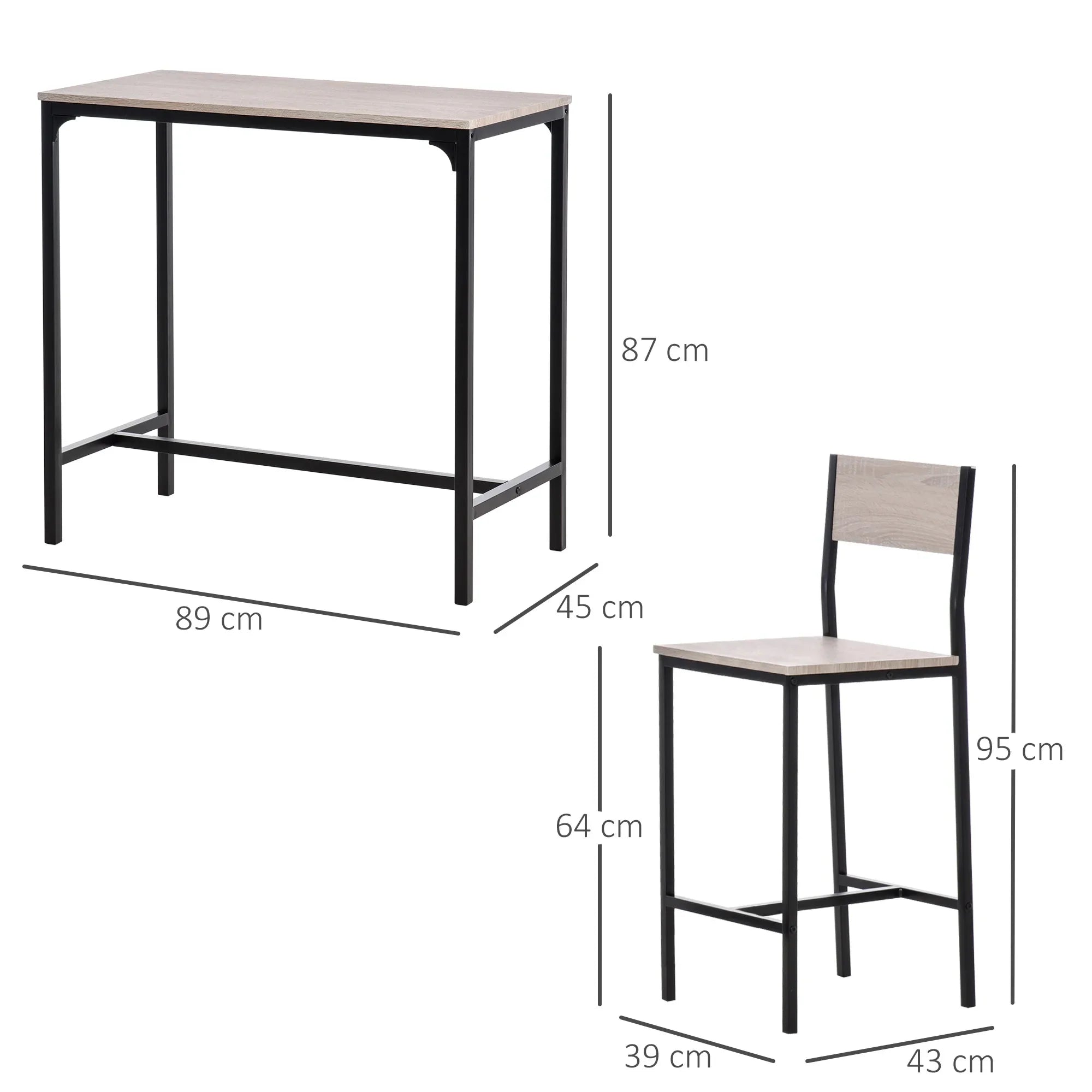 Dimensions for compact table (89x45x87cm) and bar stool (39x43x95cm) with light wood tops and black metal frames.