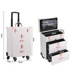 White professional rolling makeup case with rose gold accents and dimensions; features multi-layer drawers.