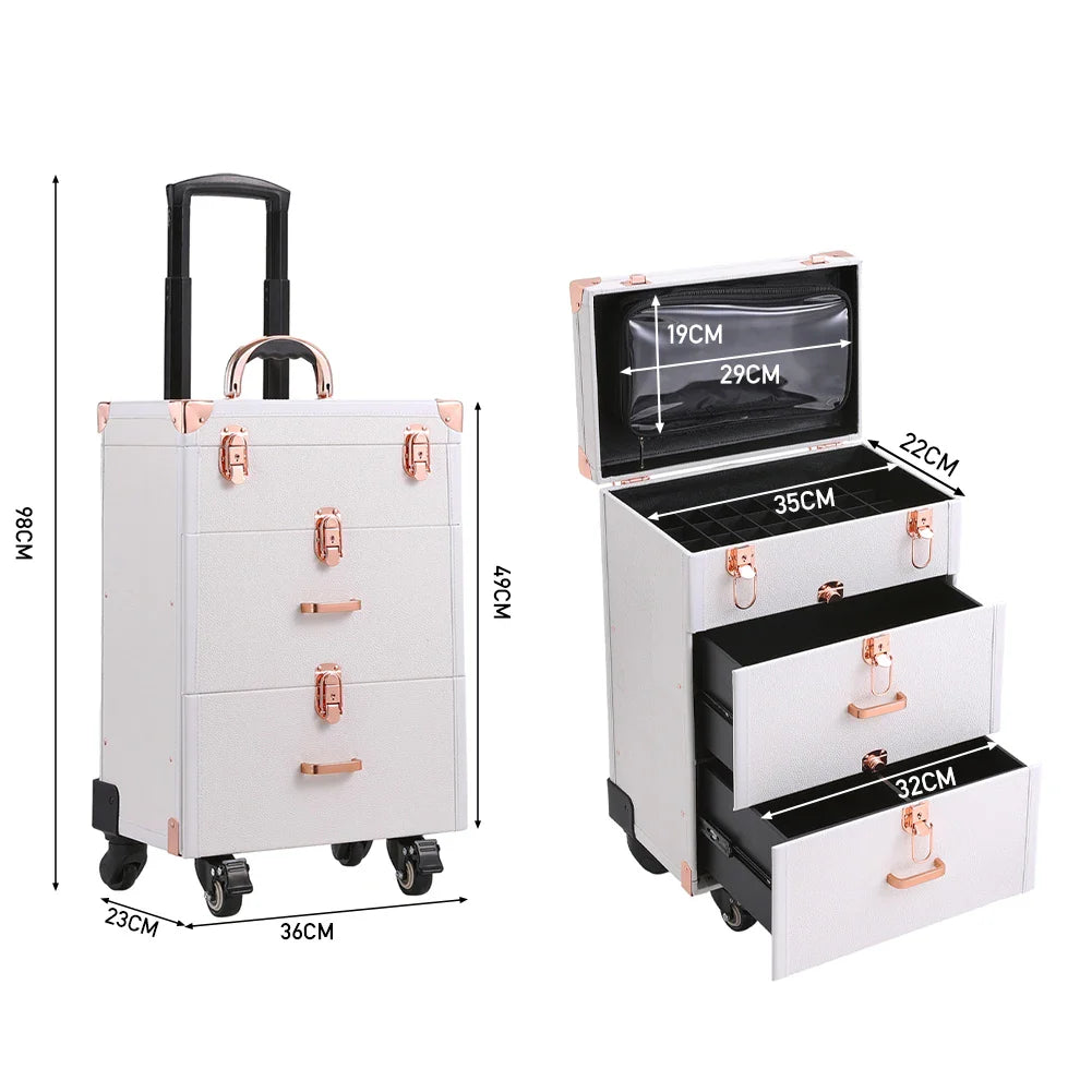 White professional rolling makeup case with rose gold accents and dimensions; features multi-layer drawers.
