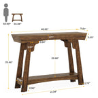 2-tier entryway table with dimensions; rustic brown console table measuring 41.34"L x 11.81"W x 33.46"H, comparison to human figure