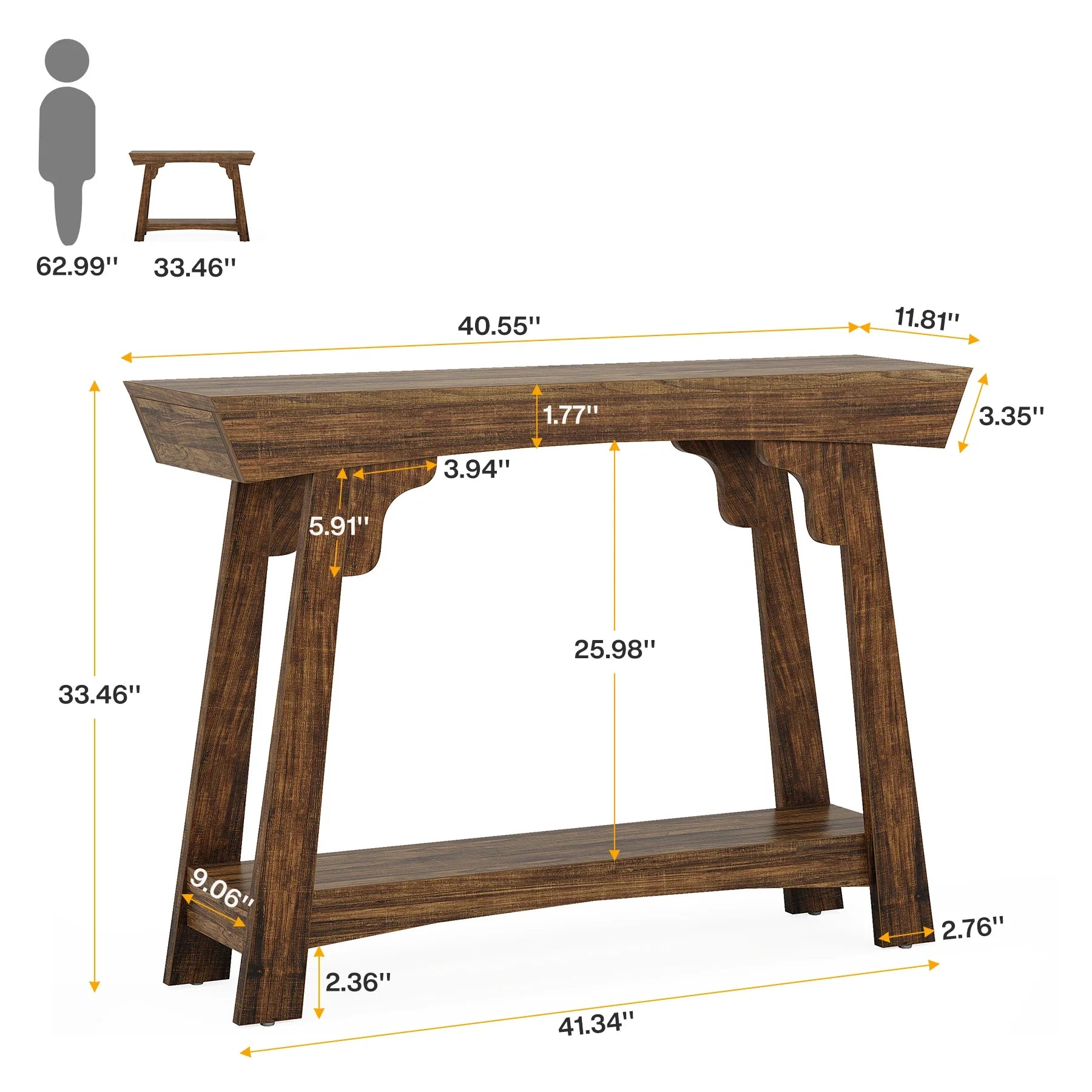 2-tier entryway table with dimensions; rustic brown console table measuring 41.34"L x 11.81"W x 33.46"H, comparison to human figure