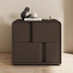 Modern dark brown double-layer storage bedside table made of solid pine wood, with minimalist design and decorative objects on top.