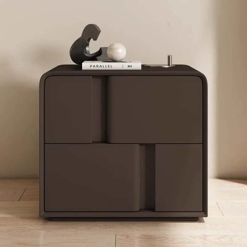 Modern dark brown double-layer storage bedside table made of solid pine wood, with minimalist design and decorative objects on top.
