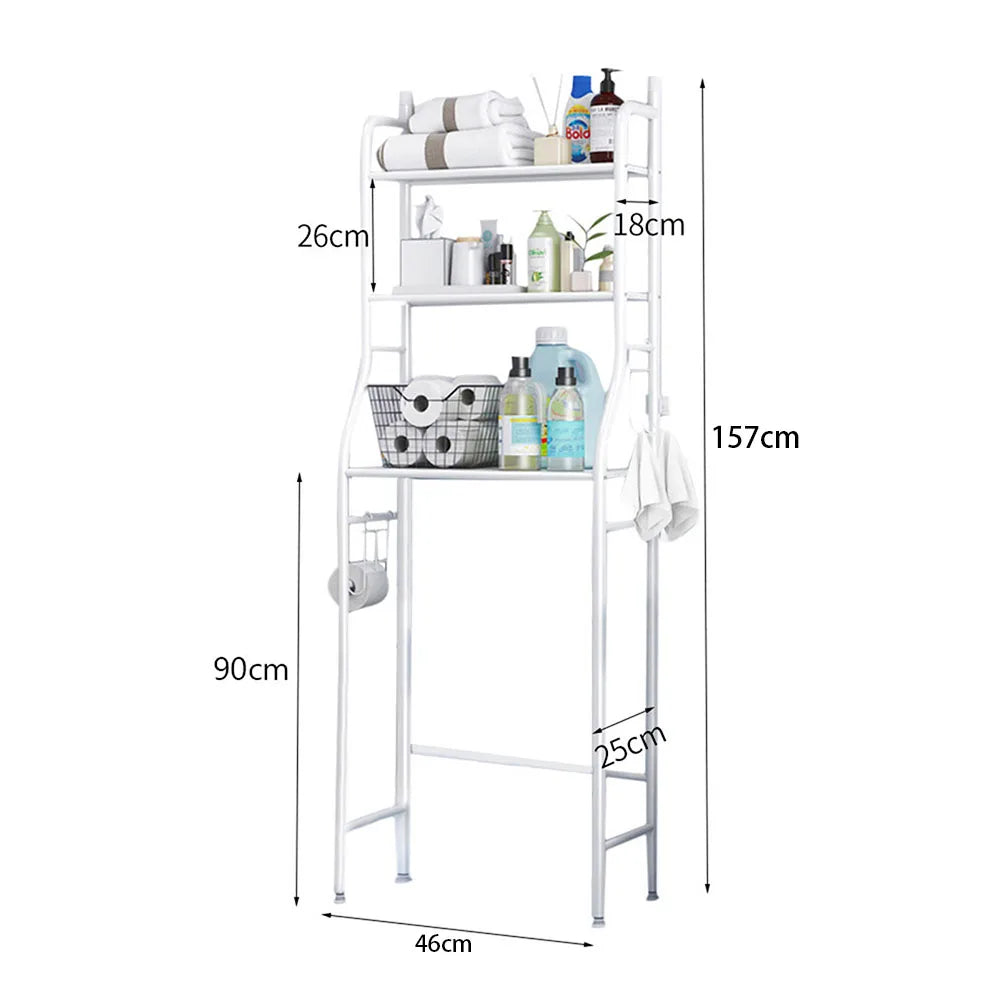 3-Tier Over Toilet Storage Rack - Black Metal Bathroom Organiser 50x26x160cm