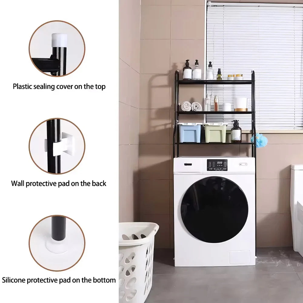Black 3-tier over toilet storage rack with plastic top cover, wall pad, and silicone foot pad features