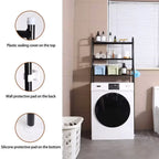 Black 3-tier over toilet storage rack with plastic top cover, wall pad, and silicone foot pad features