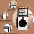 Black 3-tier over toilet storage rack with toiletries and towels, shown over a toilet and a washing machine.
