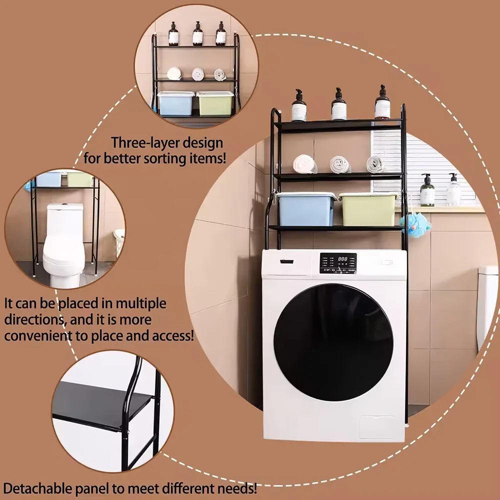 Black 3-tier over toilet storage rack with toiletries and towels, shown over a toilet and a washing machine.