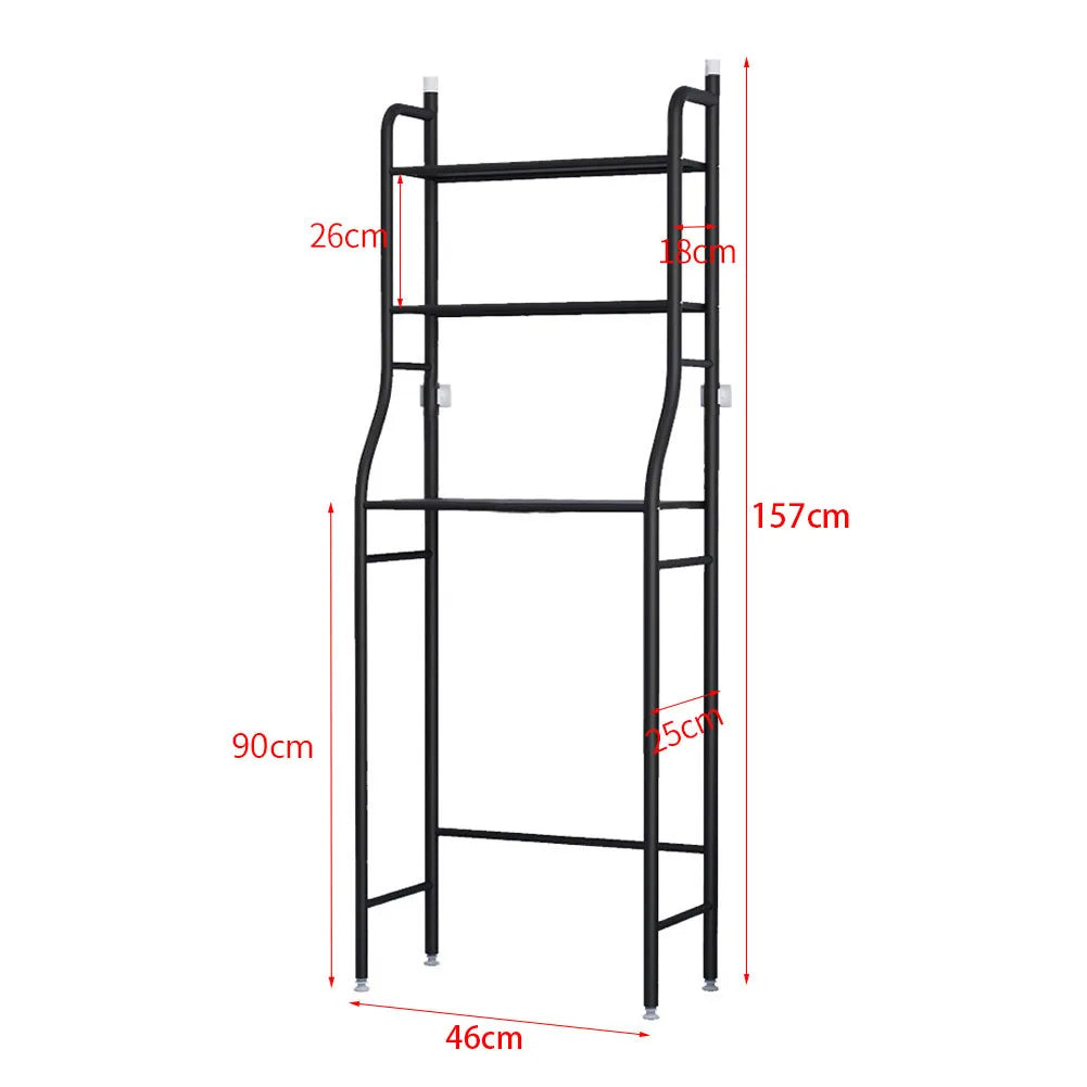 3-Tier Over Toilet Storage Rack - Black Metal Bathroom Organiser 50x26x160cm