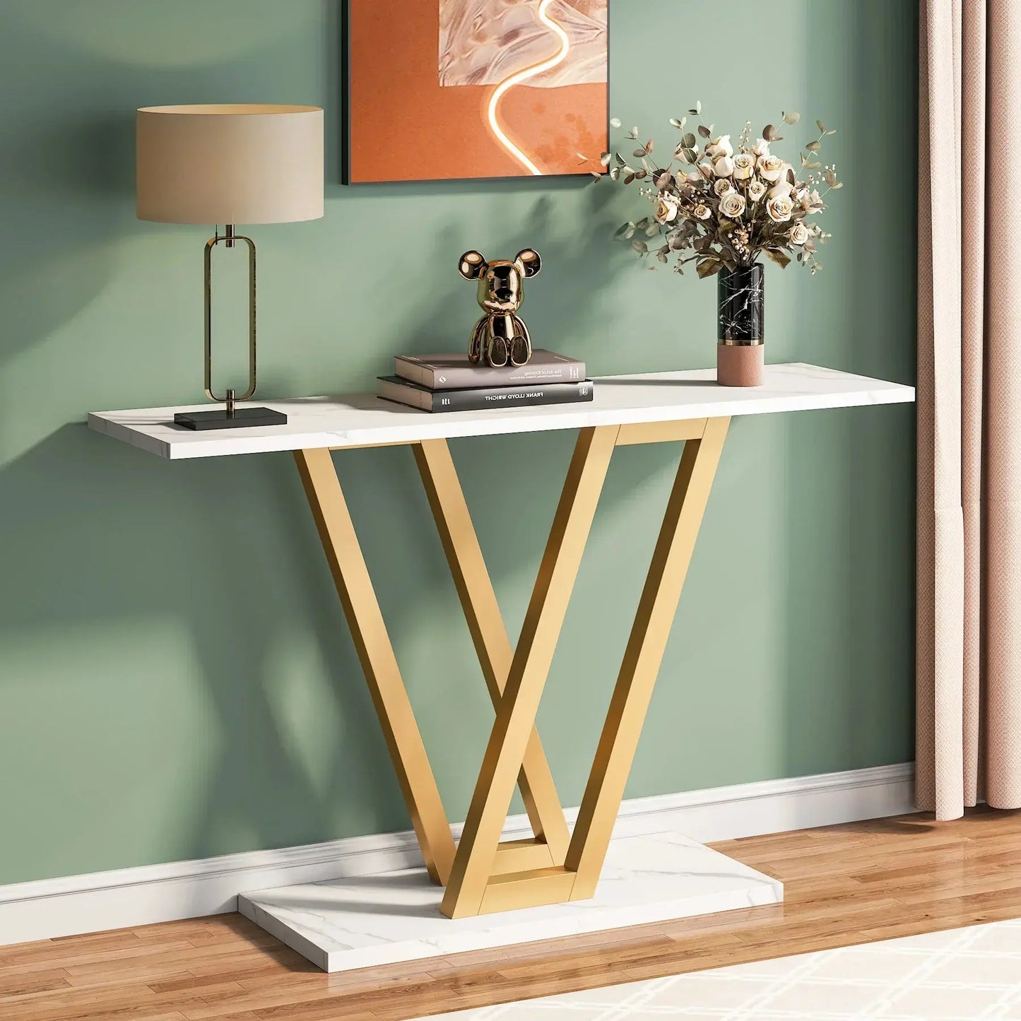 Tribesigns Industrial Console Table with white marble top and gold metal V-shaped legs in a modern living room