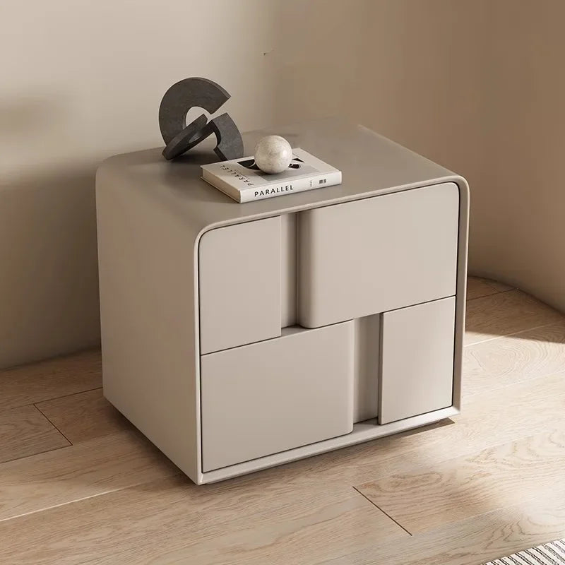 Modern grey pine bedside table with double-layer storage drawers on a wooden floor.