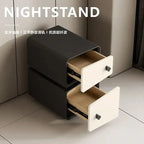Luxury High-end Nightstand, modern Moroccan style, dark grey with two white drawers partially open, premium bedside table.