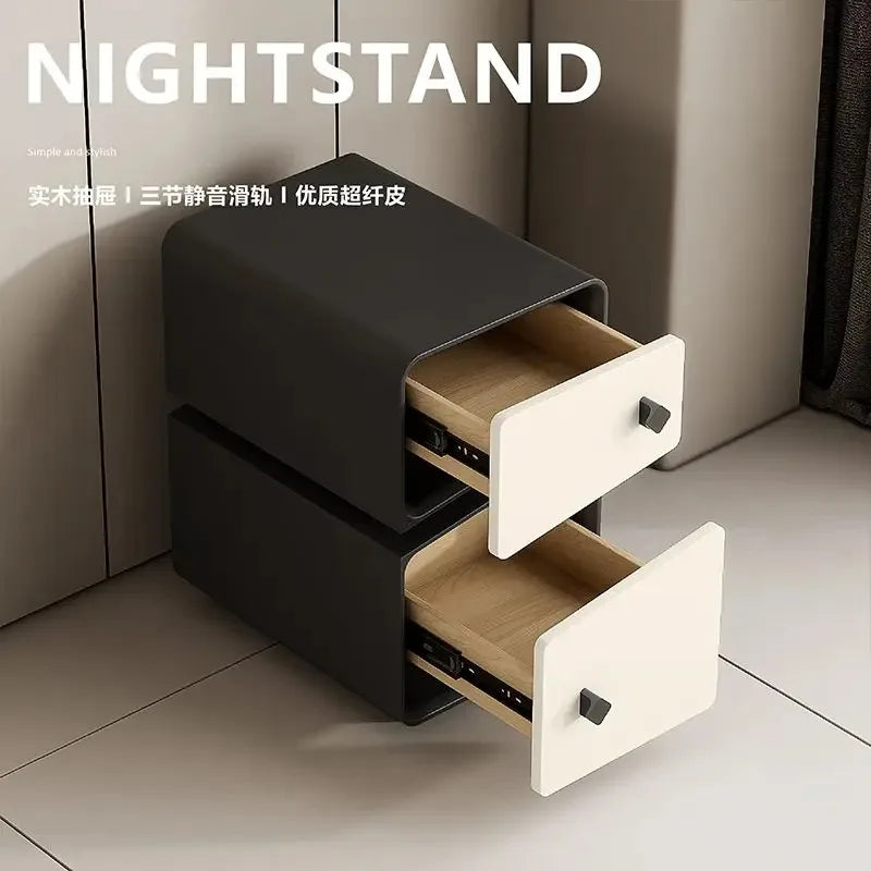 Luxury High-end Nightstand, modern Moroccan style, dark grey with two white drawers partially open, premium bedside table.