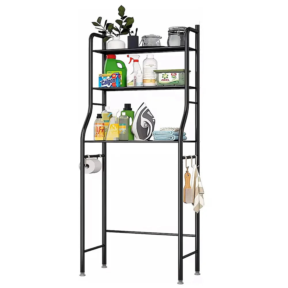 3-Tier Over Toilet Storage Rack - Black Metal Bathroom Organiser 50x26x160cm