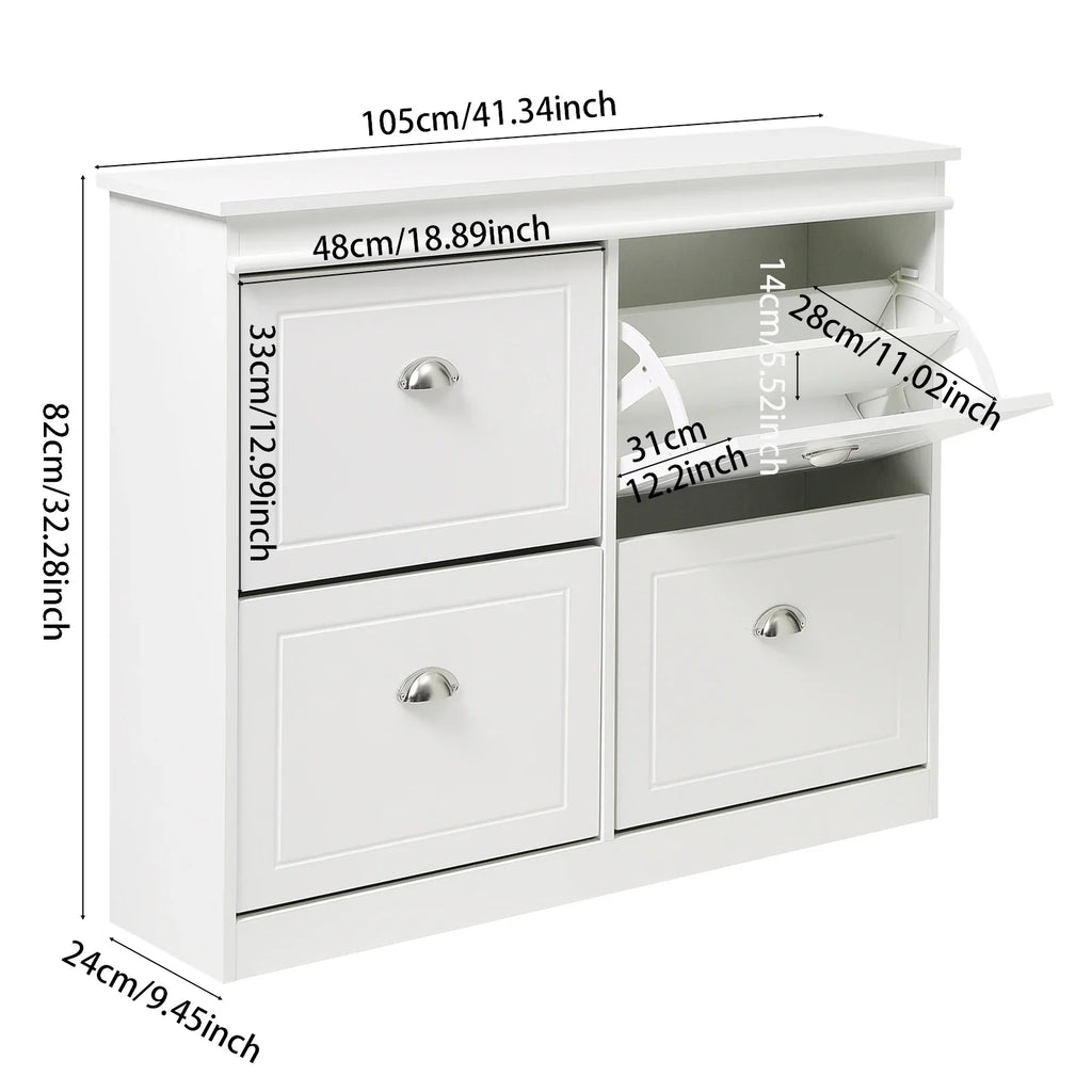 White flip-top shoe cabinet with silver handles, dimensions shown: 105x82x24cm. Features two flip-down racks for entryway shoe storage.