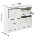 White flip-top shoe cabinet with silver handles, dimensions shown: 105x82x24cm. Features two flip-down racks for entryway shoe storage.
