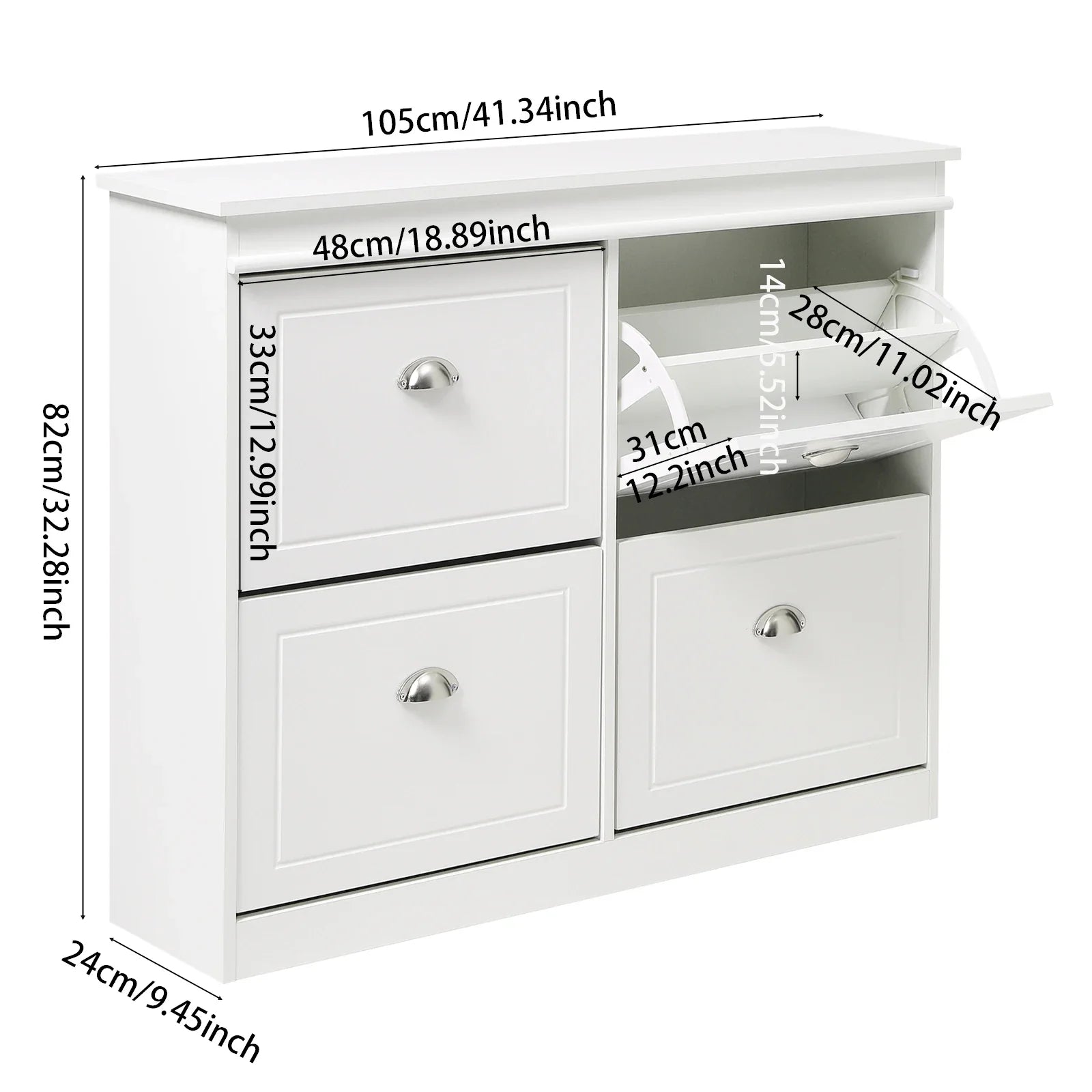 White flip-top shoe cabinet with silver handles, dimensions shown: 105x82x24cm. Features two flip-down racks for entryway shoe storage.