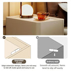 Close-up of a modern rustic nightstand, showing an upgraded edge to prevent items from falling off.