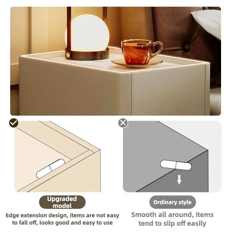 Close-up of a modern rustic nightstand, showing an upgraded edge to prevent items from falling off.