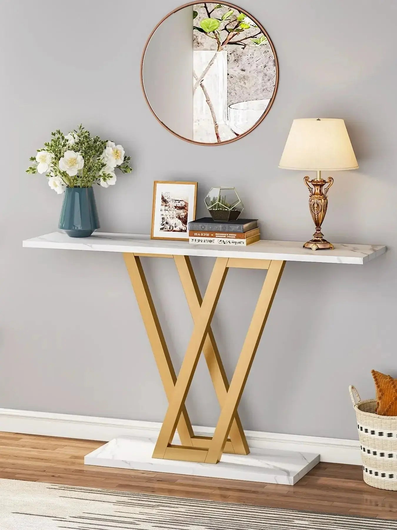 Tribesigns Industrial Console Table with white marble top and gold metal geometric base in a living room