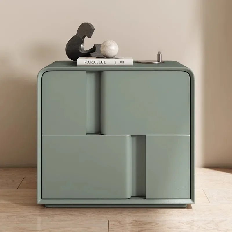 Modern sage green bedside table with double-layer storage drawers and minimalist design, solid pine wood nightstand