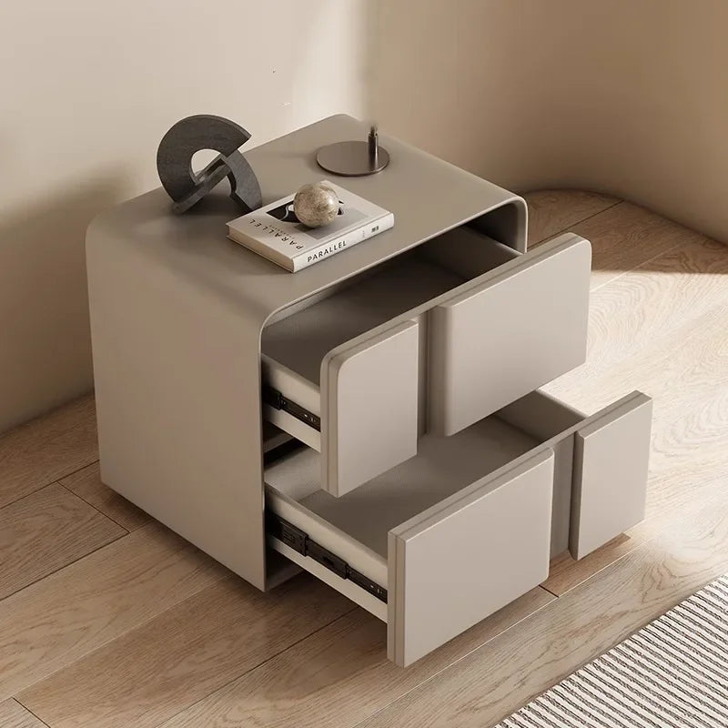 Modern grey double-layer bedside table with two open storage drawers, ideal for home furniture.