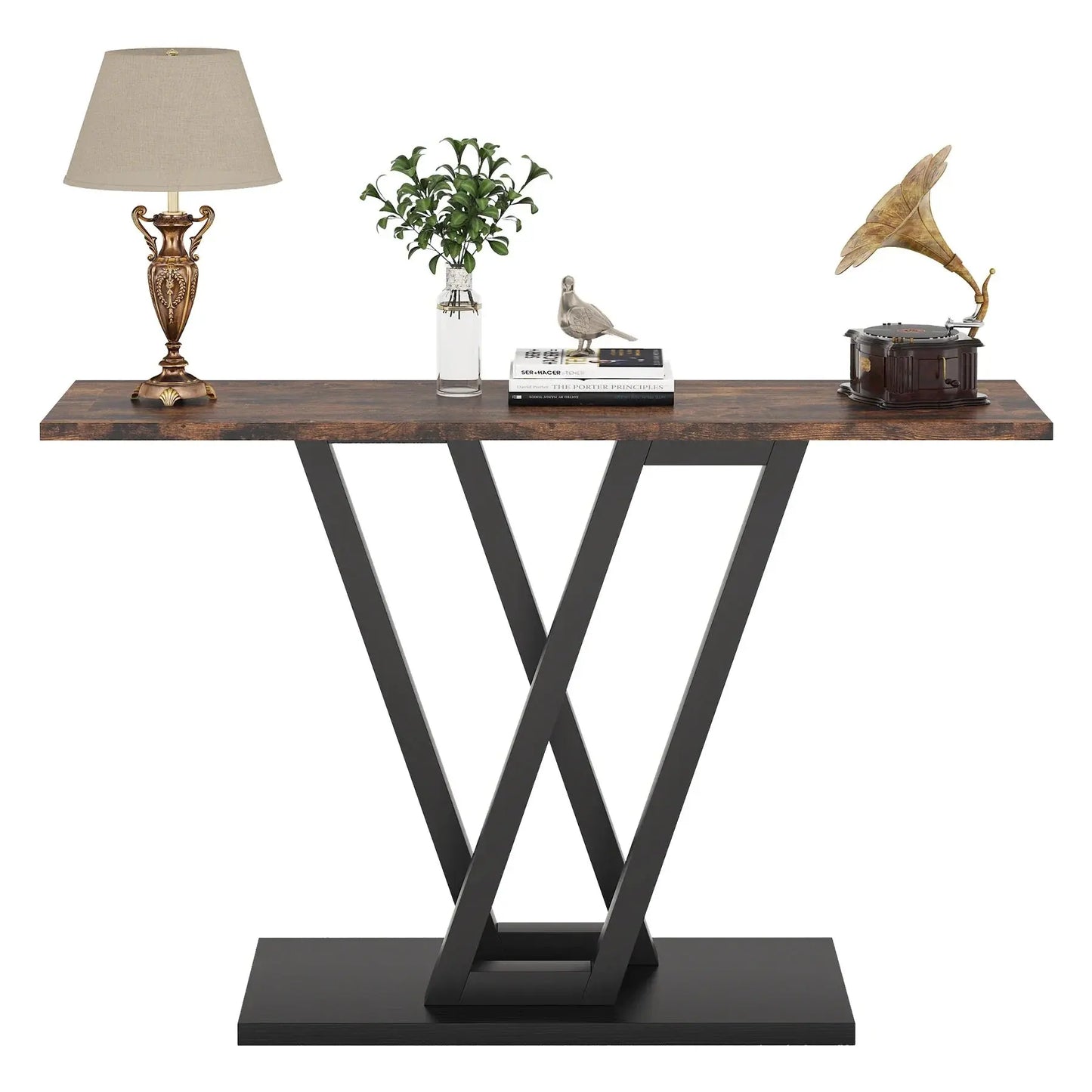 Tribesigns Industrial Console Table with dark wood top and black V-shaped metal frame, styled with decor