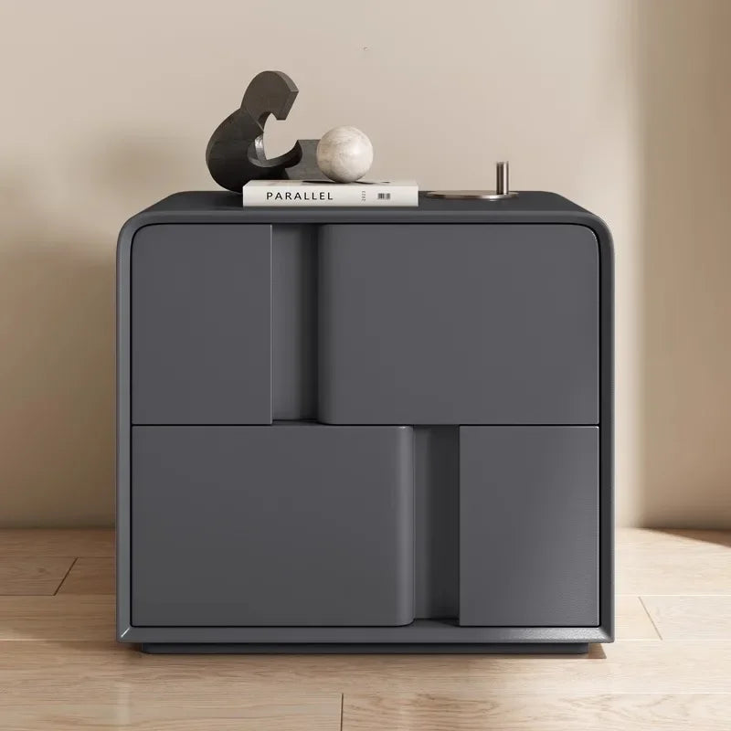 Modern grey double-layer storage bedside table with unique panel design, solid pine wood nightstand
