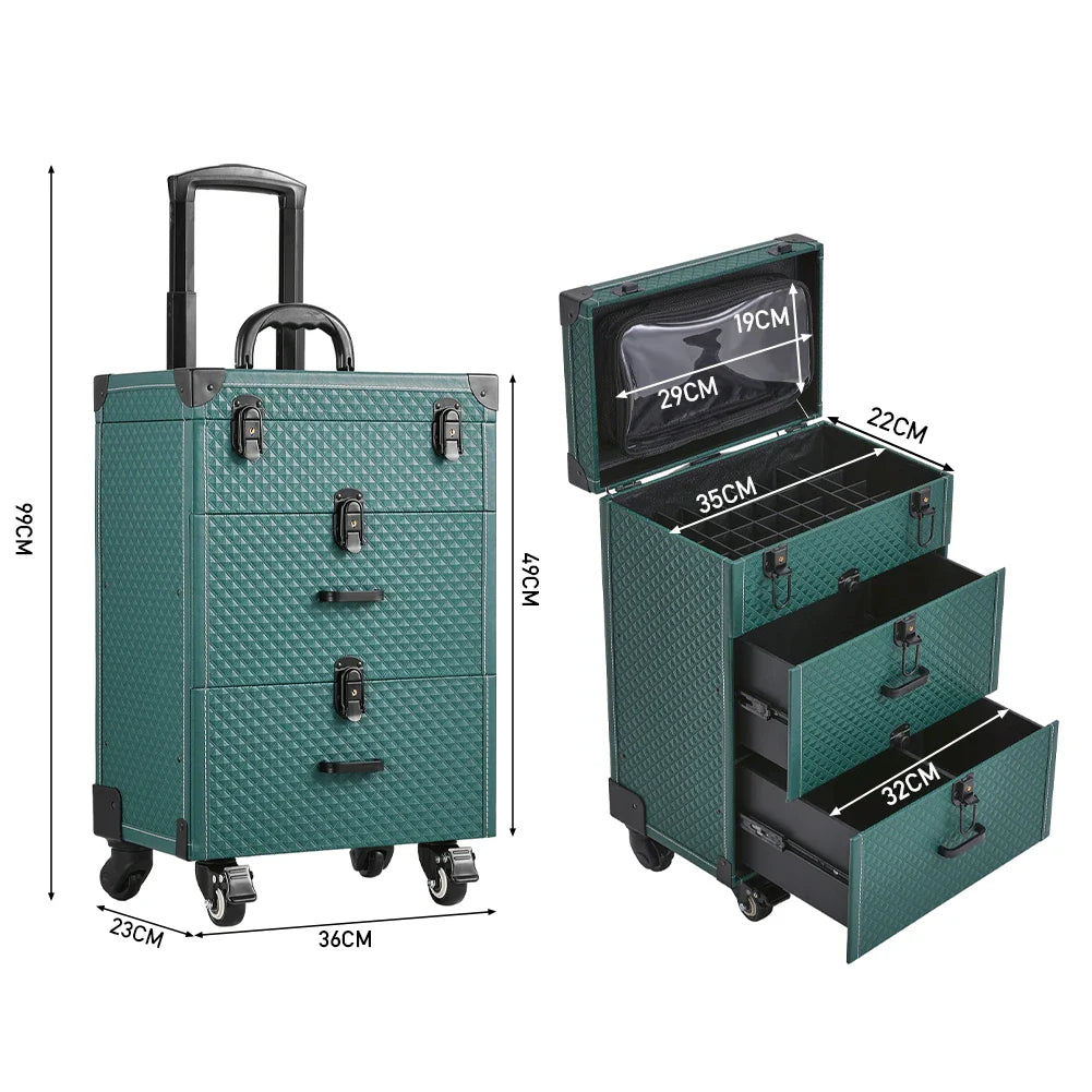 Green professional rolling makeup case with pull-out handle, drawers, and dimensions for travel