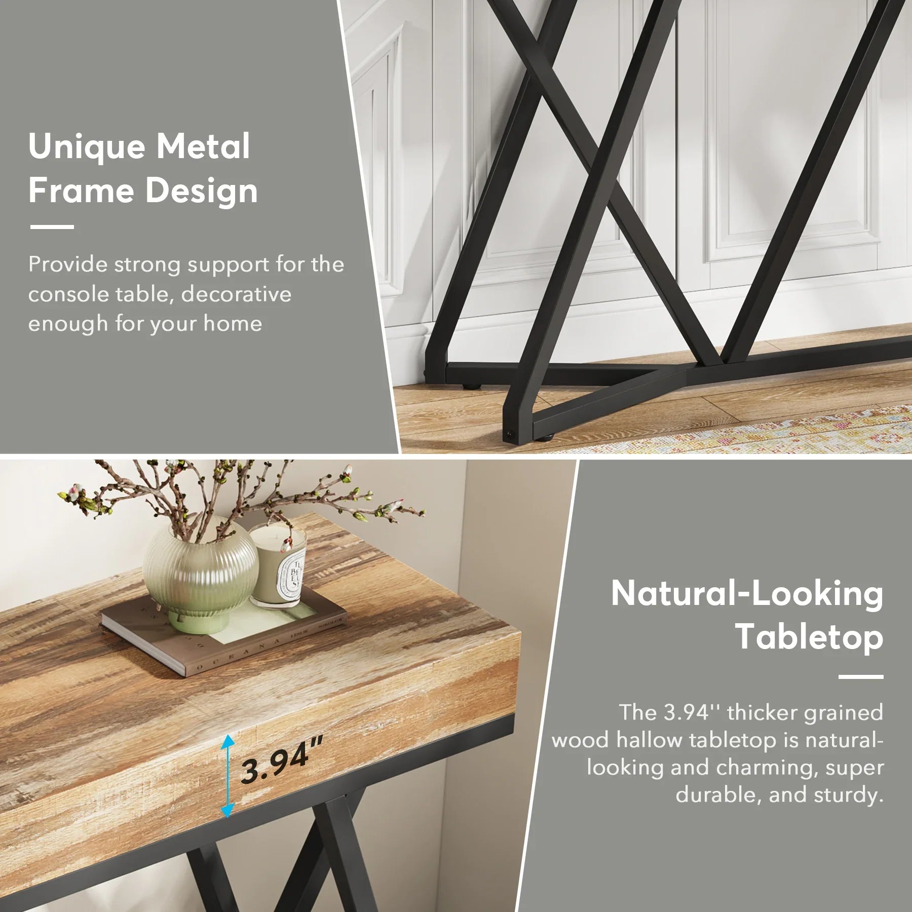 Close-up of 55 inch console table's unique black metal frame and natural wood-effect tabletop, showing 3.94 inch thickness