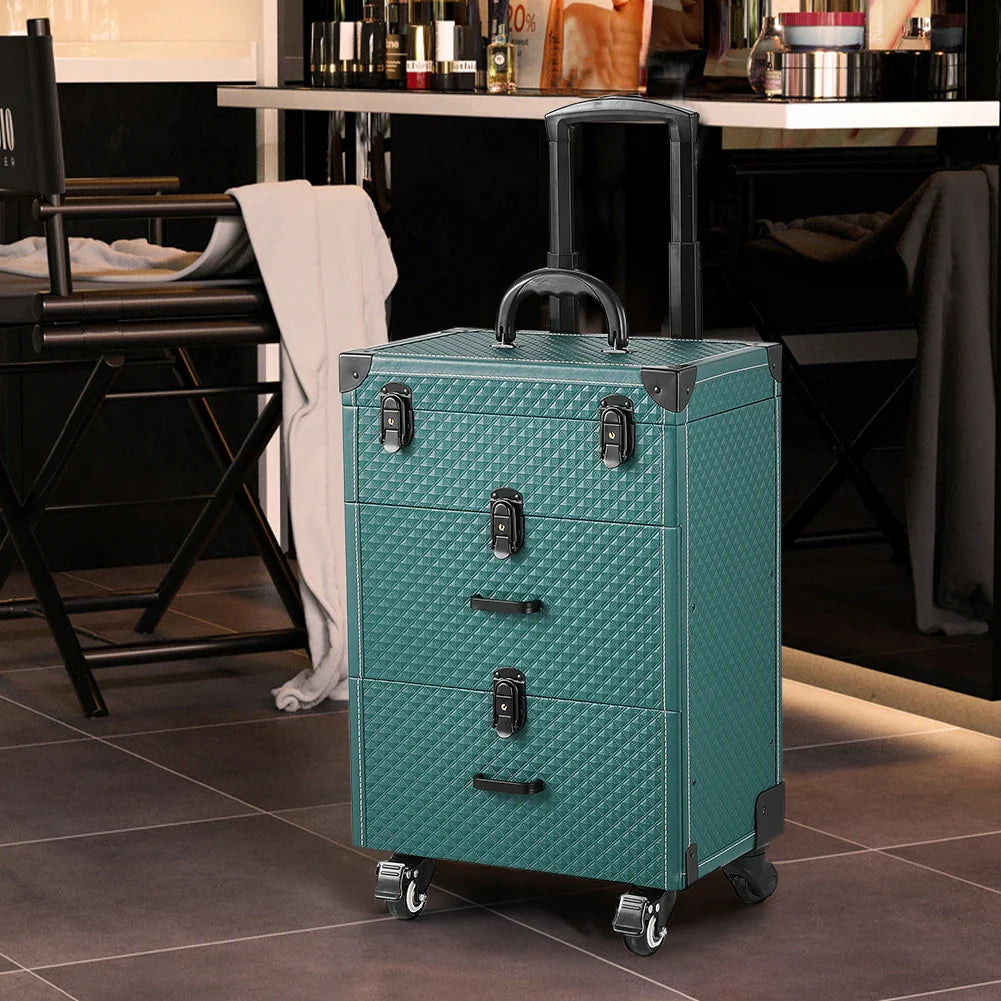Green professional rolling makeup case with extendable handle, 3 drawers, and wheels for artists