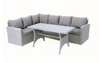 Stockholm 6 Seater Grey Rattan Corner Garden Dining and Lounge Set with rectangular table and cushions