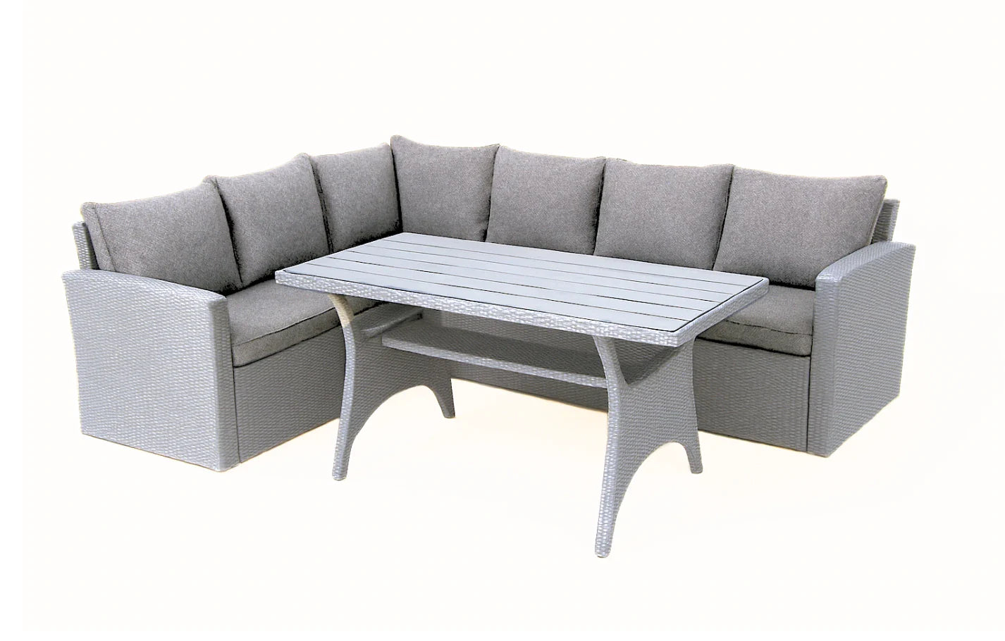 Stockholm 6 Seater Grey Rattan Corner Garden Dining and Lounge Set with rectangular table and cushions
