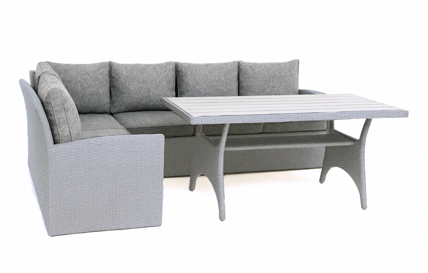 Stockholm 6-seater grey rattan corner garden dining lounge set with L-shaped sofa and rectangular table