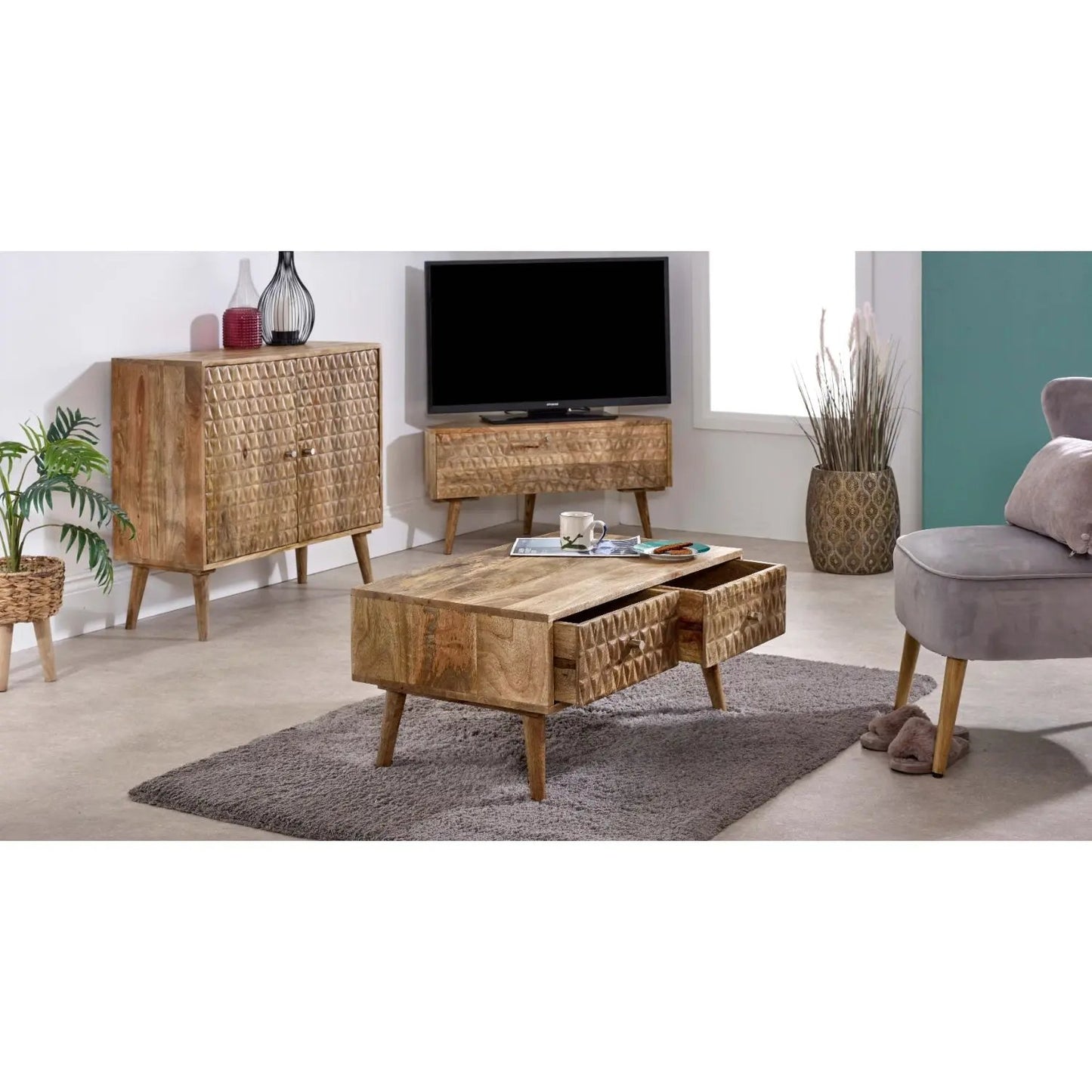 Marlow Light Mango Wood Corner TV Stand Verty Furniture