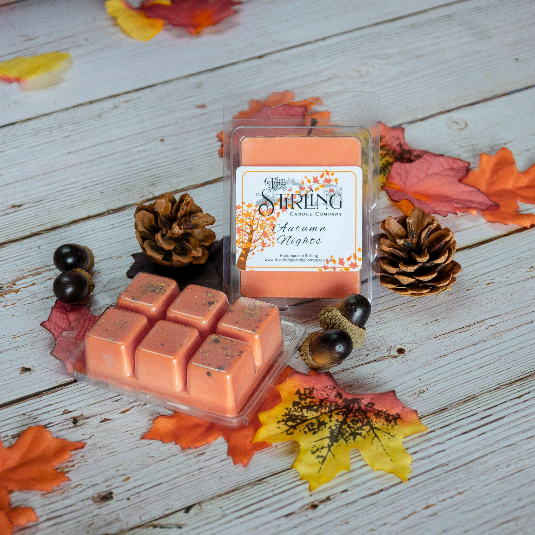 Autumn Nights wax melt clamshell from Stirling Candle Company, with six orange wax cubes, pinecones, & autumn leaves on wood.