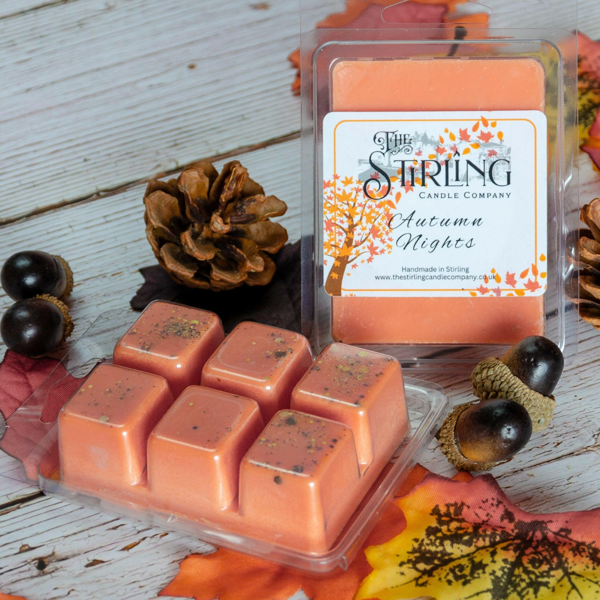Autumn Nights wax melt clamshell by The Stirling Candle Company, with six orange wax cubes & label, surrounded by autumn leaves, pine cones & acorns on a wooden background. Perfect for the GB market.