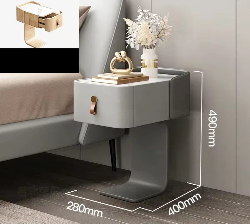 Minimalist grey Japanese nightstand with single drawer and leather pull, shown with dimensions 490x400x280mm.