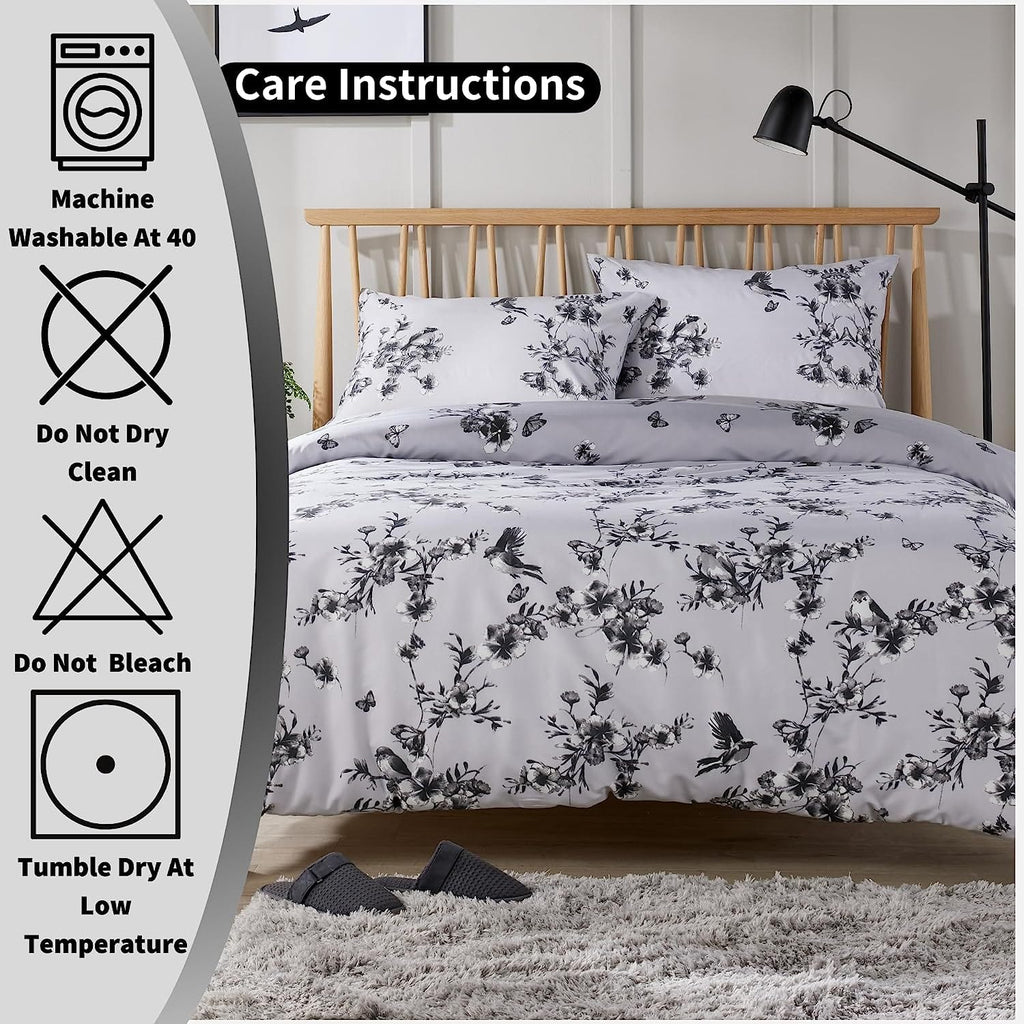 Blossom Grey Reversible Duvet Cover Set Elegant & Comfortable Polyester Blend with Button Closure Available in Single Double King Sizes by OLIVIA ROCCO