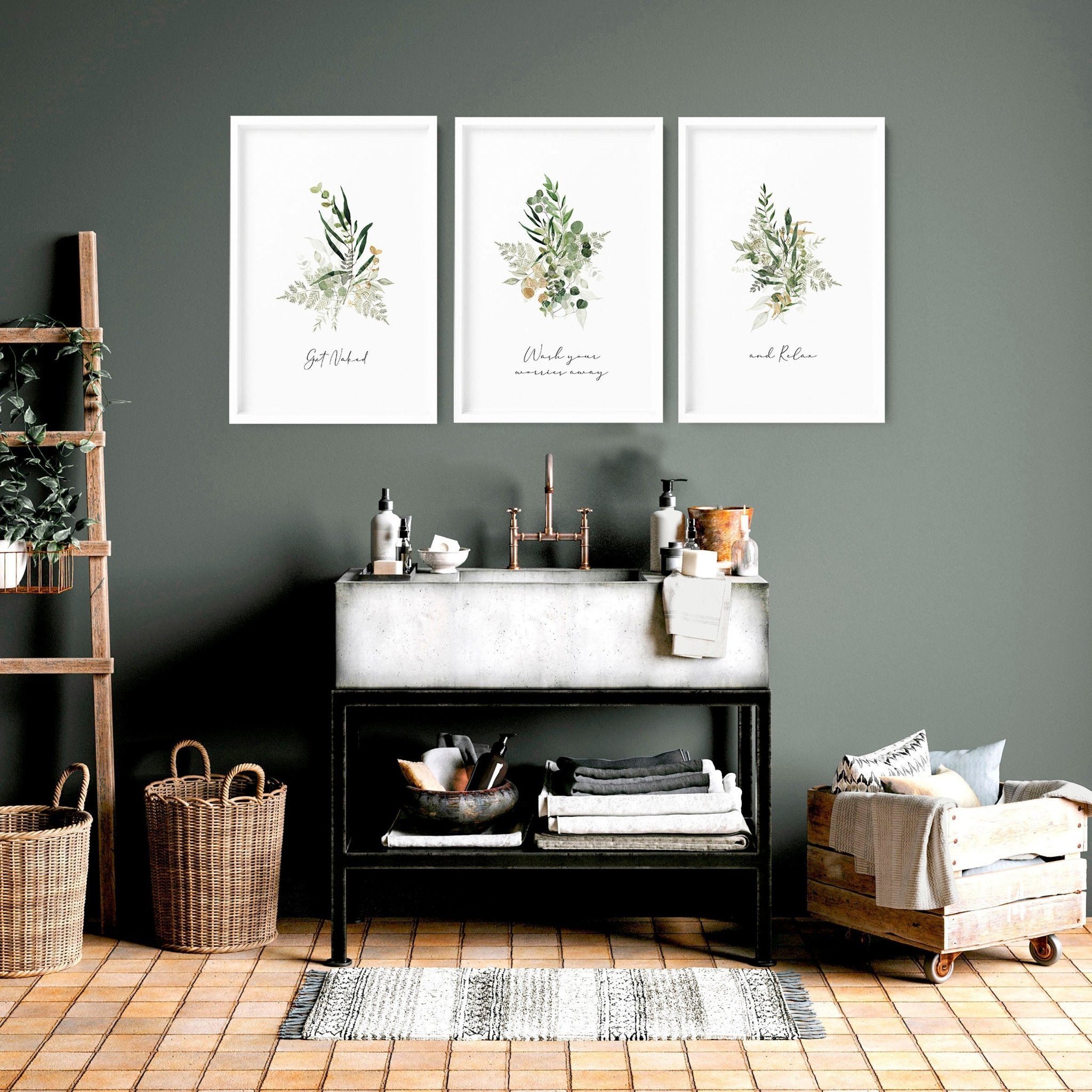 Bathroom prints for wall | set of 3 Boho Greenery wall art