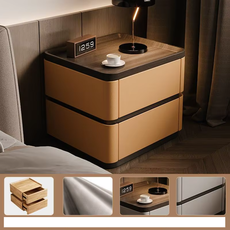 Minimalist Premium Bedside Cabinet with two khaki nappa leather drawers and dark wood top, modern design