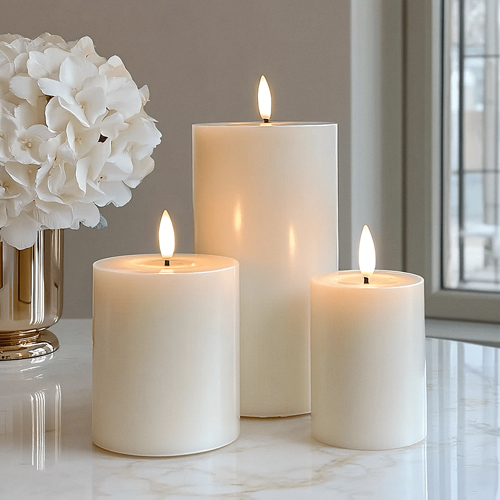 Set of 3 cream realistic LED pillar candles in varying heights, flickering warmly on a marble surface.