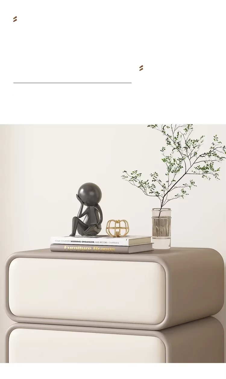 Modern Moroccan bedside table with two drawers, styled with decor. Luxury large-capacity nightstand for bedroom.