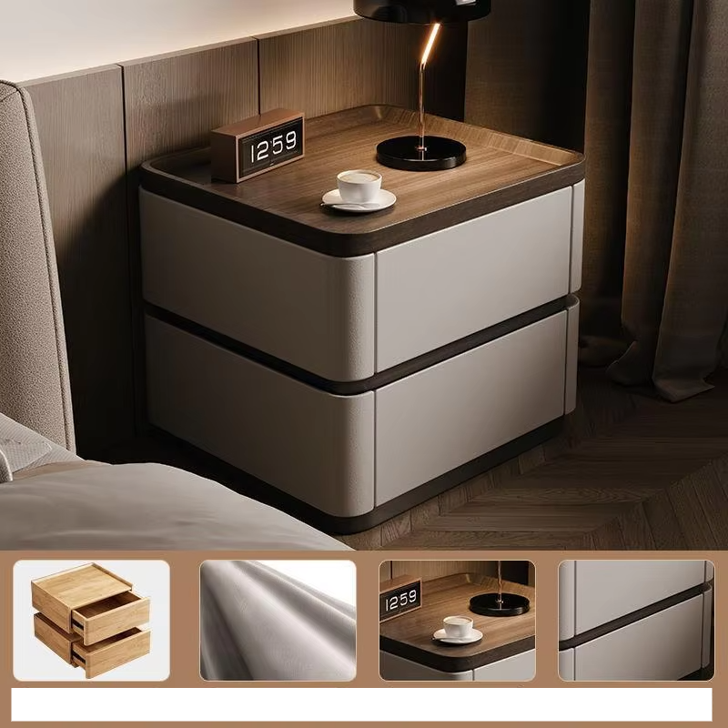 Minimalist Premium Bedside Cabinet with nappa leather drawers and wood top, showing two pull-out drawers.