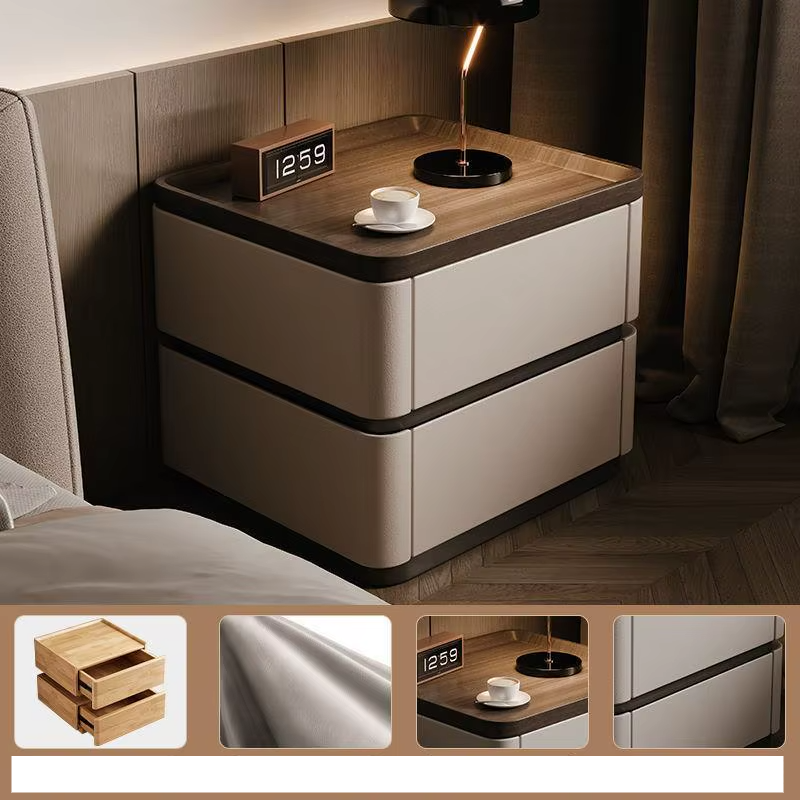 Minimalist Premium Bedside Cabinet with solid wood top, nappa leather drawers, and stylish modern lamp.