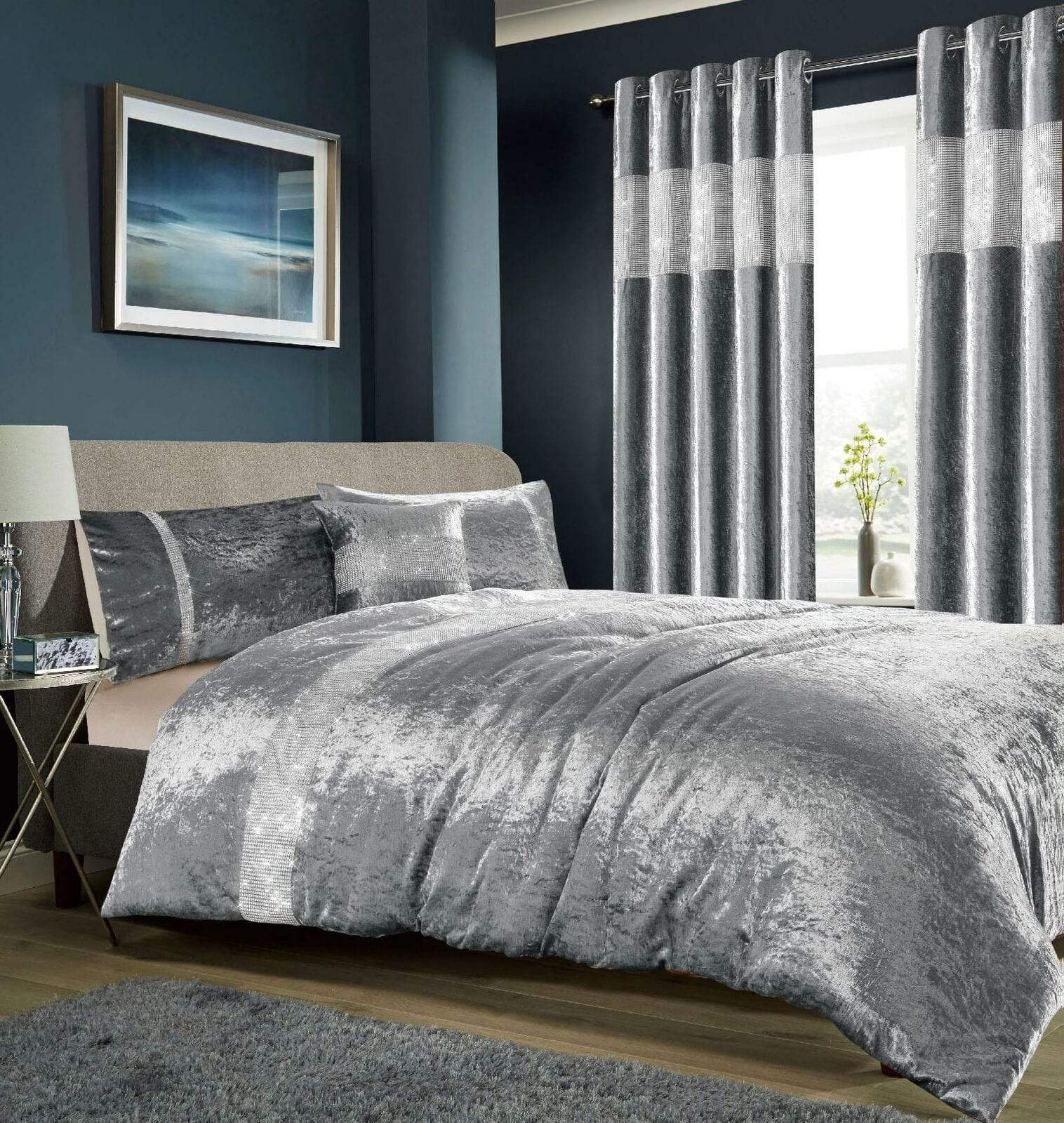 Diamante Crushed Velvet Duvet Set Breathable Luxurious OEKO-TEX Certified Bedding in Double King Super King Sizes Available in Silver Champagne Blush Pink by OLIVIA ROCCO