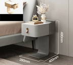 Japanese minimalist nightstand with grey drawer, marble top, brown leather pull, and size dimensions 490x400x280mm