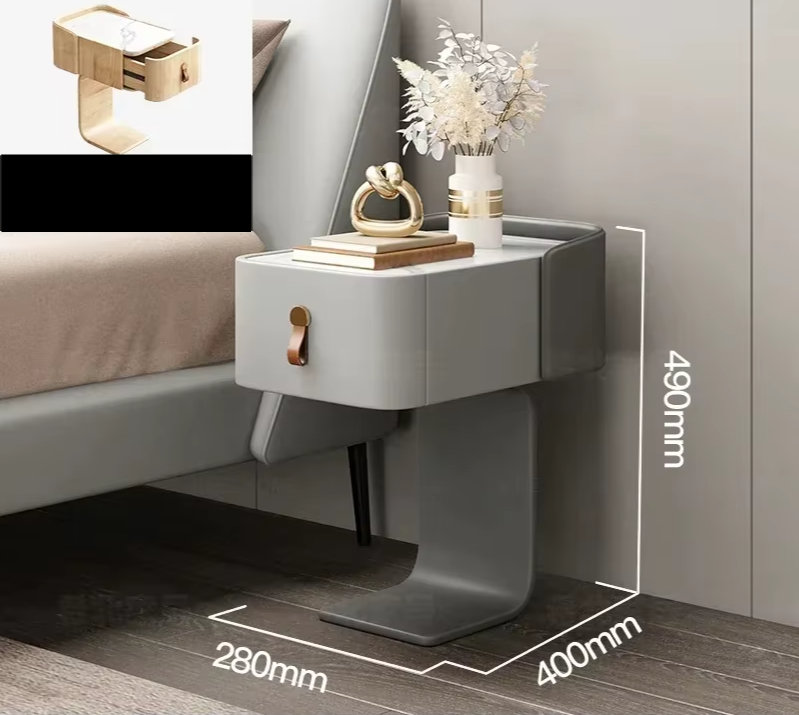 Japanese minimalist nightstand with grey drawer, marble top, brown leather pull, and size dimensions 490x400x280mm