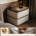 Minimalist Premium Bedside Cabinet in white with dark wood top and two drawers, showcasing a modern design.